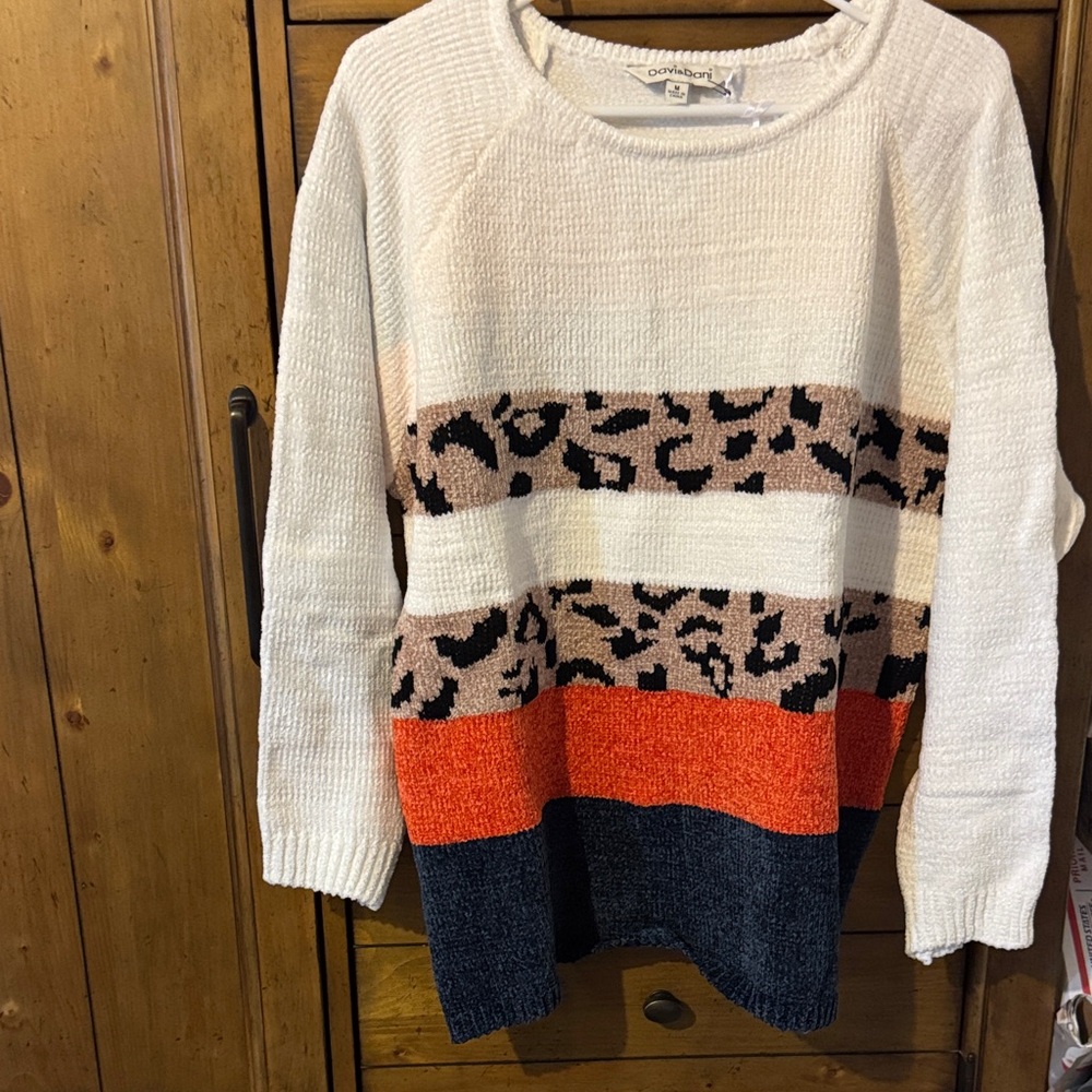 DAVI & DANI Cream, Animal print , Orange and Navy Blue chenille sweater.